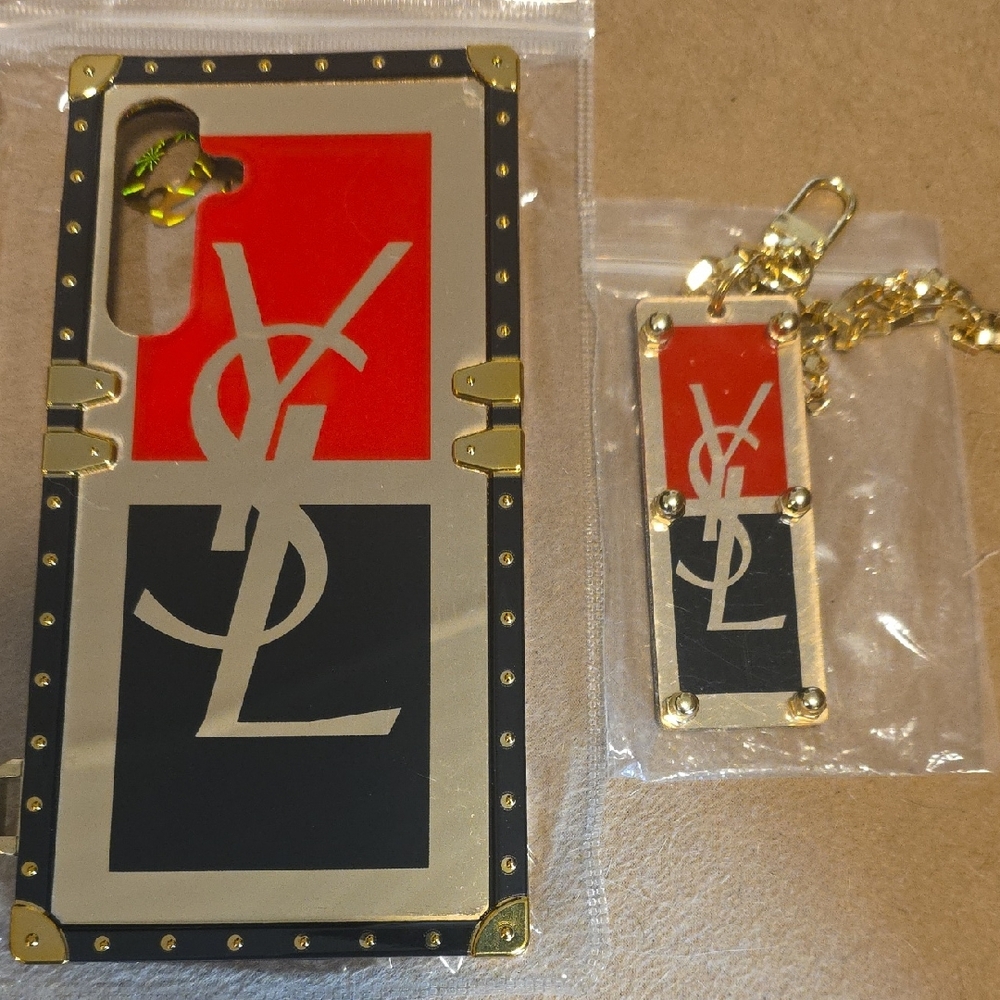 Fashion StLaurent Gold, Red, and Black Ph Case with Keychain fits S23 FE Cell.